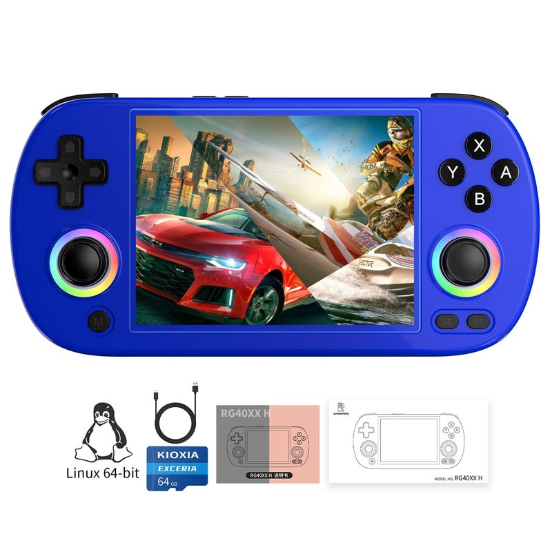 GiipGoop RG40XX H Retro Handheld Game Consoles RG40XXH Retro Gaming Console 64 TF Card Preloaded Games 5000+ Portable Gaming Console Linux 64-bit System 4.0'' IPS Screen WiFi Bluetooth HD and TV Output Blue - Image 1